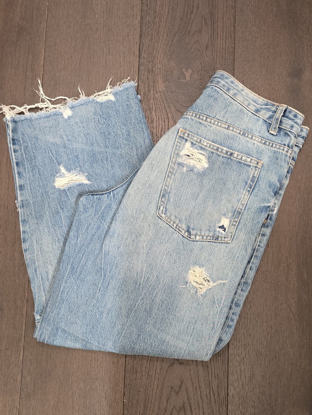 Zara Light Blue Distressed Barrel Crop Jeans